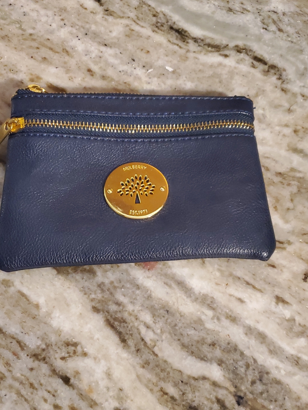 Mulberry Navy Leather Zip Coin Purse with Gold Emblem